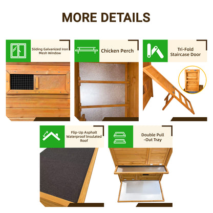 Chicken Coop, Double-House Wooden Chicken Coop For 6-8 Chickens With 3 Nesting Boxes And 2 Pull-Out Trays, Featuring A Foldable Ramp And Asphalt Roof image 7