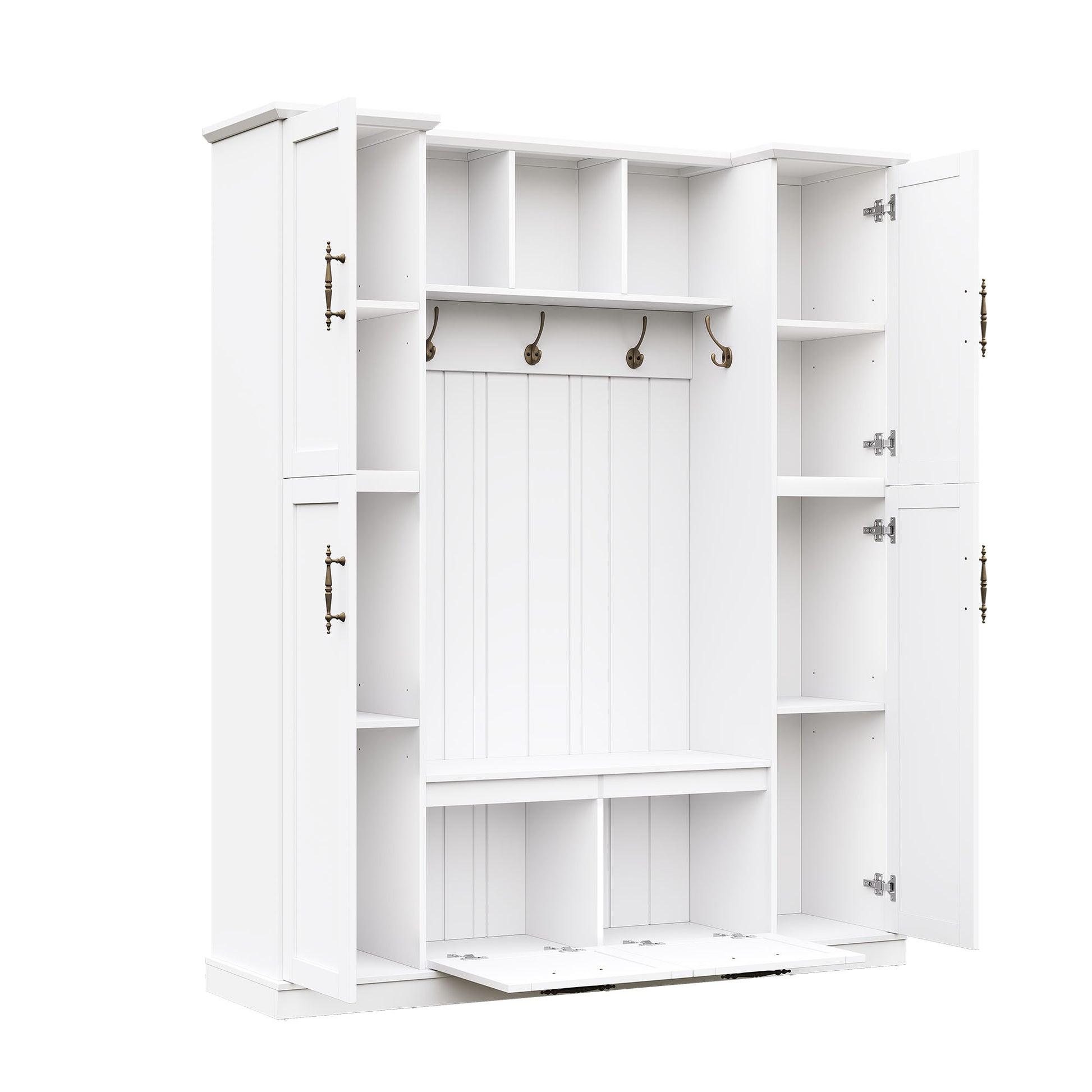 ON-TREND Farmhouse Elegant Hall Tree with 4 Side Cabinets, All-in-One Mudroom Furniture with Adjustable Shelves & Open Cubbies, Beadboard Entryway Bench with Coat Rack & 5 Hooks for Hallway, White image 10
