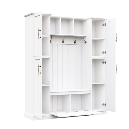 ON-TREND Farmhouse Elegant Hall Tree with 4 Side Cabinets, All-in-One Mudroom Furniture with Adjustable Shelves & Open Cubbies, Beadboard Entryway Bench with Coat Rack & 5 Hooks for Hallway, White image 10