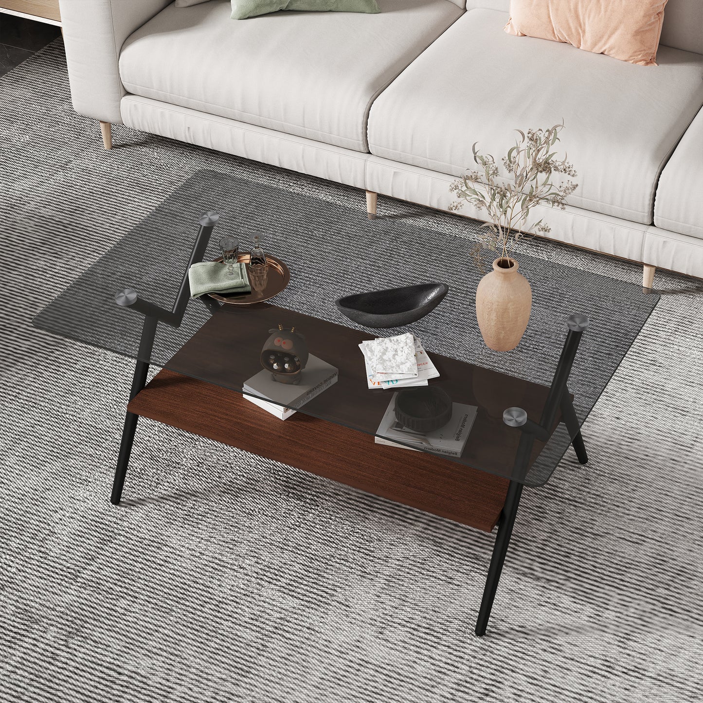 Rectangle Coffee Table with Tempered Glass top and Brown MDF Shelf, Modern Table for Living Room, Gray Glass image 1