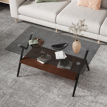 Rectangle Coffee Table with Tempered Glass top and Brown MDF Shelf, Modern Table for Living Room, Gray Glass image 1
