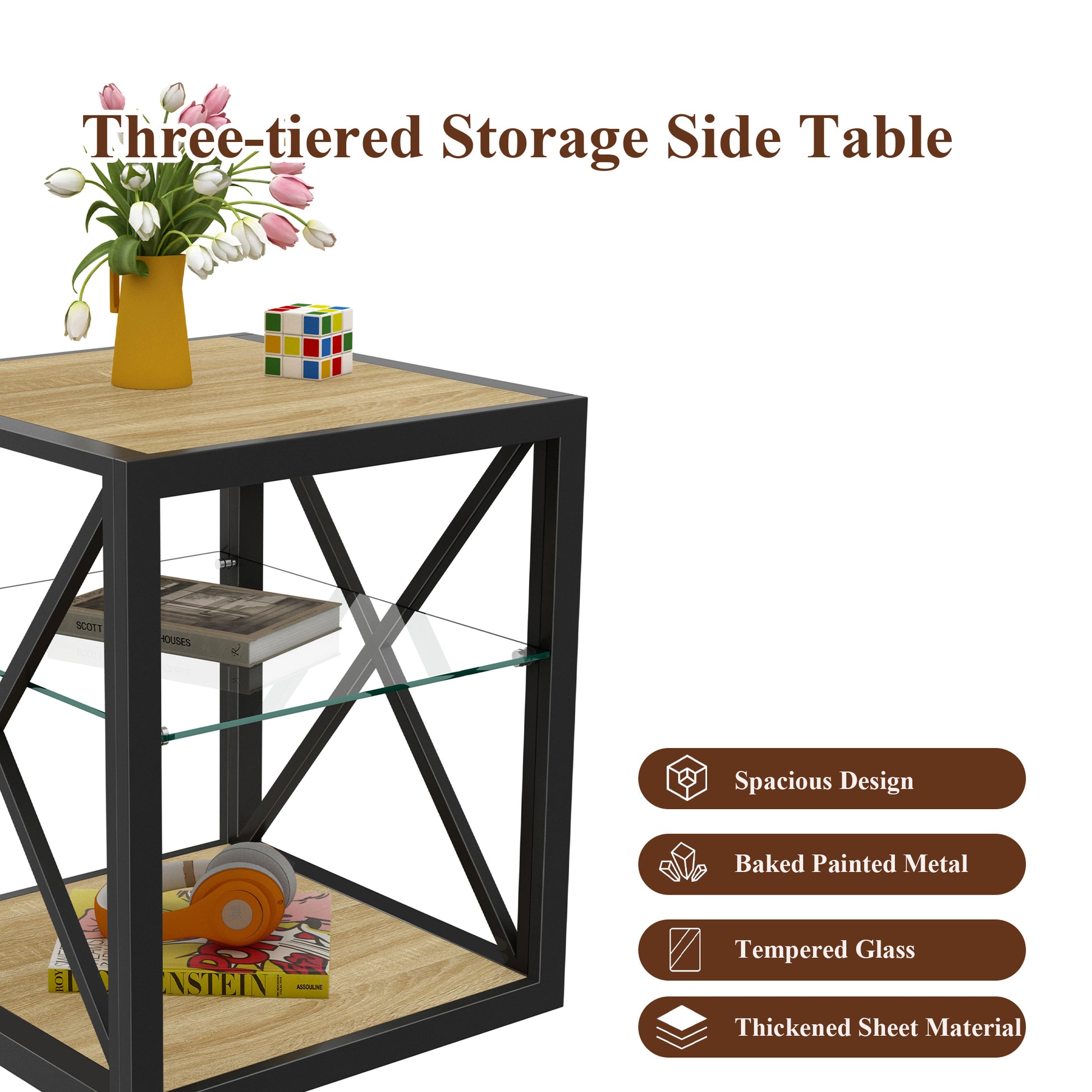 1 piece Modern End Table Nightstand for Bedroom & Living Room, Tempered Glass&Natural Wood MDF Top, Industrial Style Side Table image 11