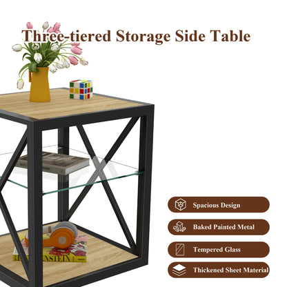 1 piece Modern End Table Nightstand for Bedroom & Living Room, Tempered Glass&Natural Wood MDF Top, Industrial Style Side Table image 11