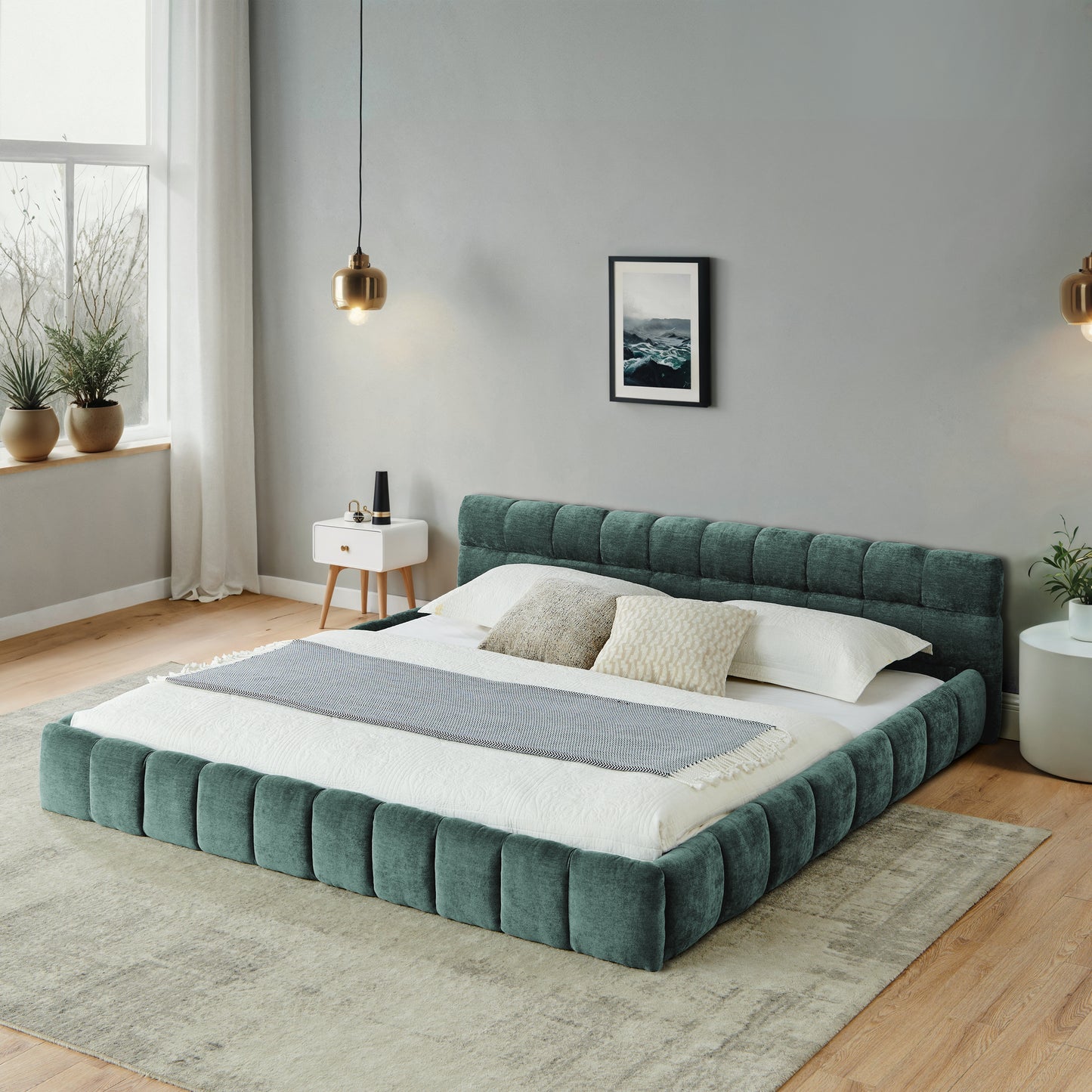 California King size Upholstered Bed Frame with Thick Fabric, Chenille Fabric Grounded California King Platform Bed with Headboard and Solid Frame. No Box Spring Needed-Blue Green-(90.5''*80.5''*31'') image 3