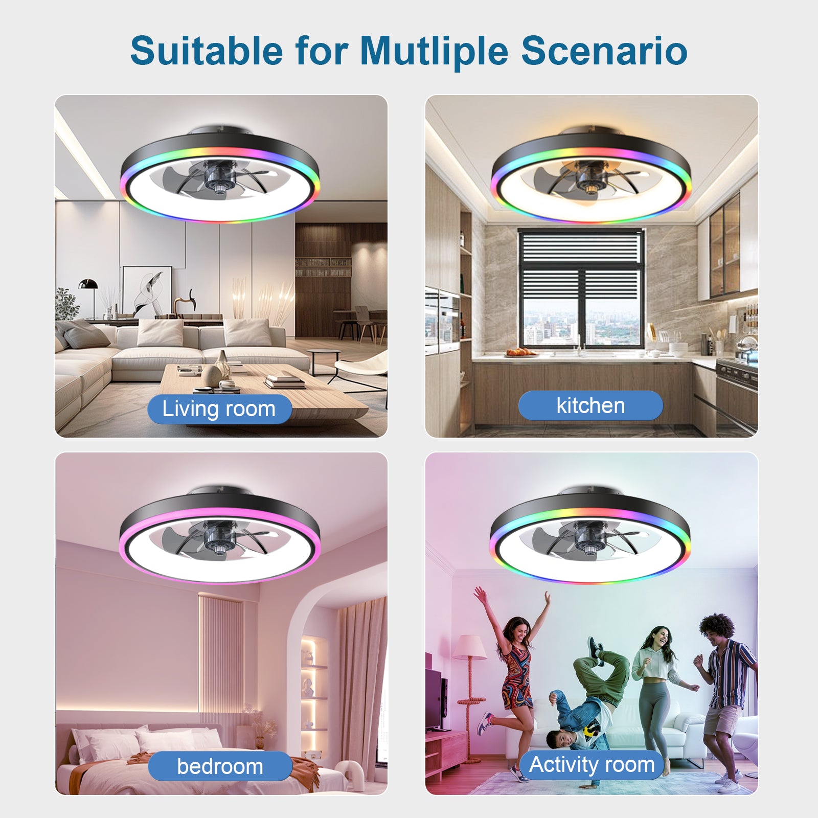 19.7" Modern RGB Ceiling Fan with Lights, Flush Mount Low Profile Fan with Remote & APP, 6-Speed Reversible Silent DC Motor, Dimmable 3000-6500K LED for Bedroom, Black image 4
