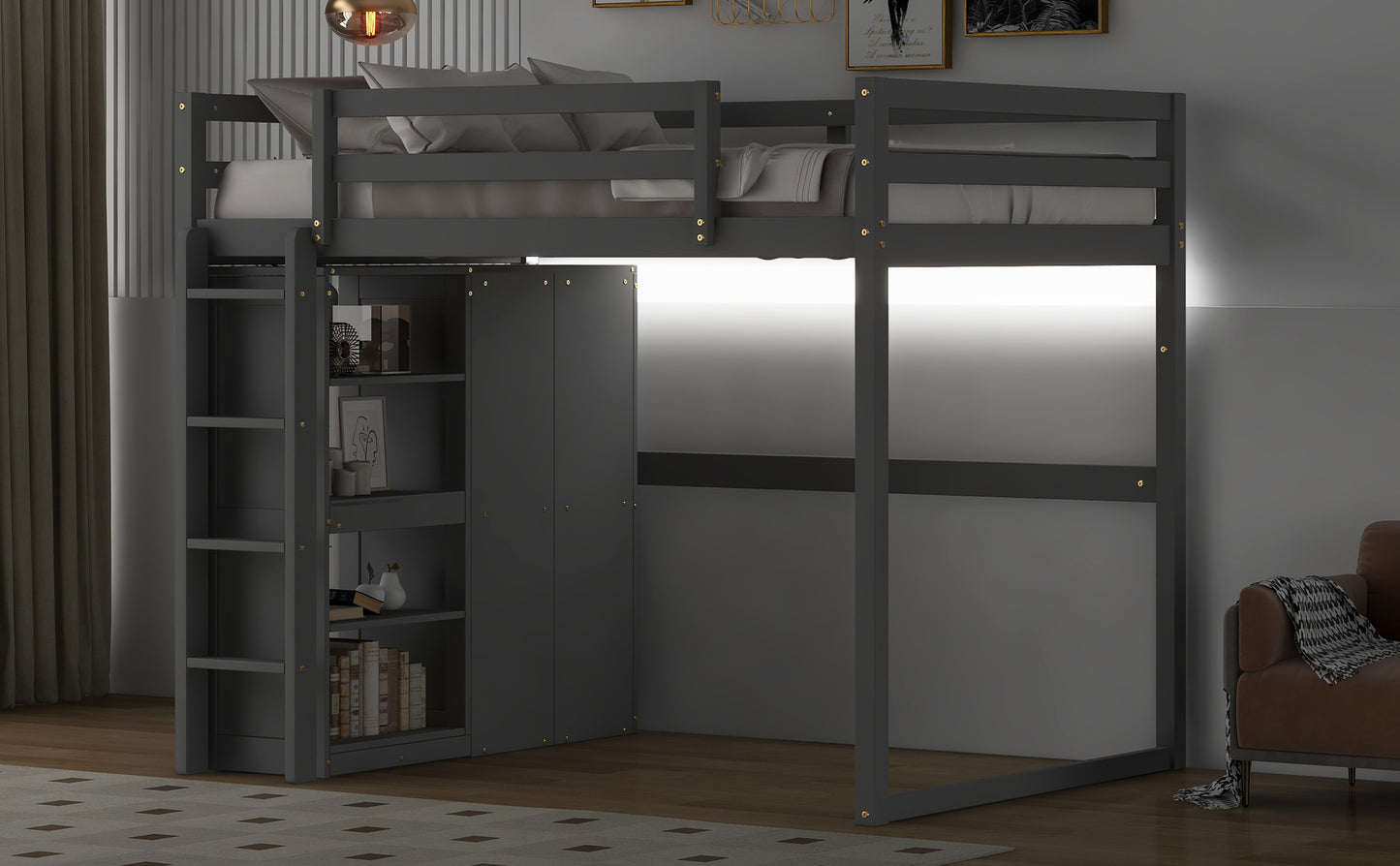 Wood Full Size Loft Bed with Built-in Wardrobe and Storage Shelves, Led light, Gray image 8