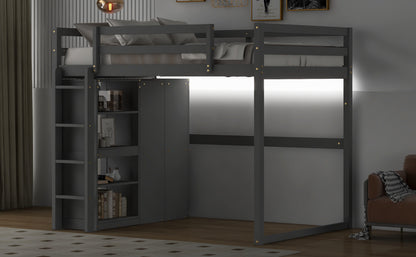 Wood Full Size Loft Bed with Built-in Wardrobe and Storage Shelves, Led light, Gray image 8