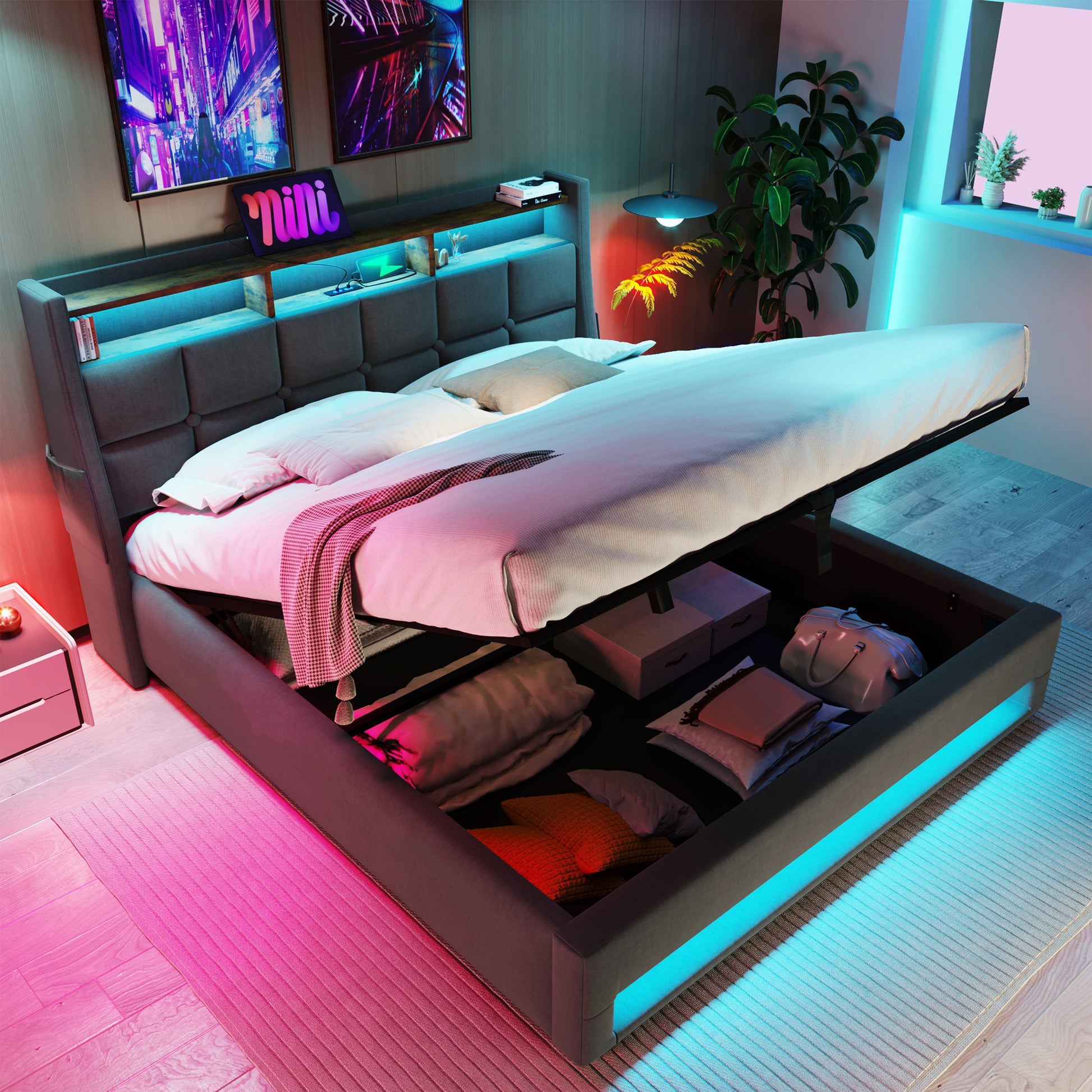 (=AA20690910G) Queen size Upholstered Platform bed with a Hydraulic Storage System, LED and Charging Station, No Box Spring Needed, Easy Assembly, Noise-Free, Grey (without mattress) image 2