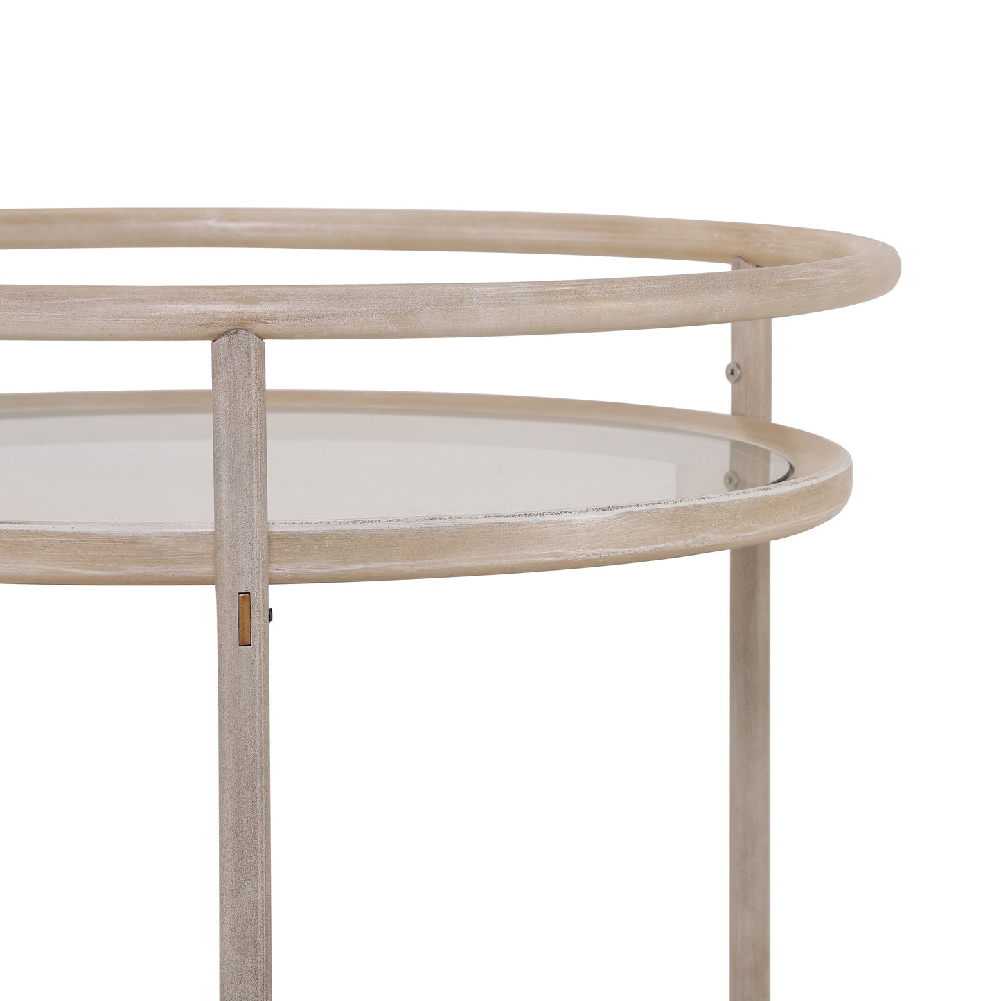 Round Bar Cart with Tempered Glass Shelves and Gold Accents,Distressed White Finish image 7
