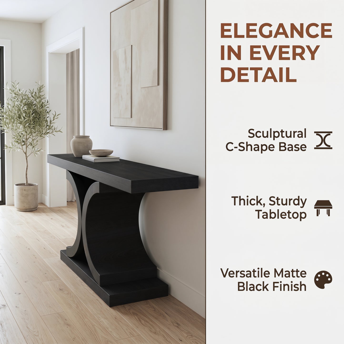 60" Black Console Table, Modern Narrow Sofa Table with Sculptural Curved Base, MDF with Real Wood Veneer Entryway Table, for Living Room, Hallway, Foyer, Black Oak image 9