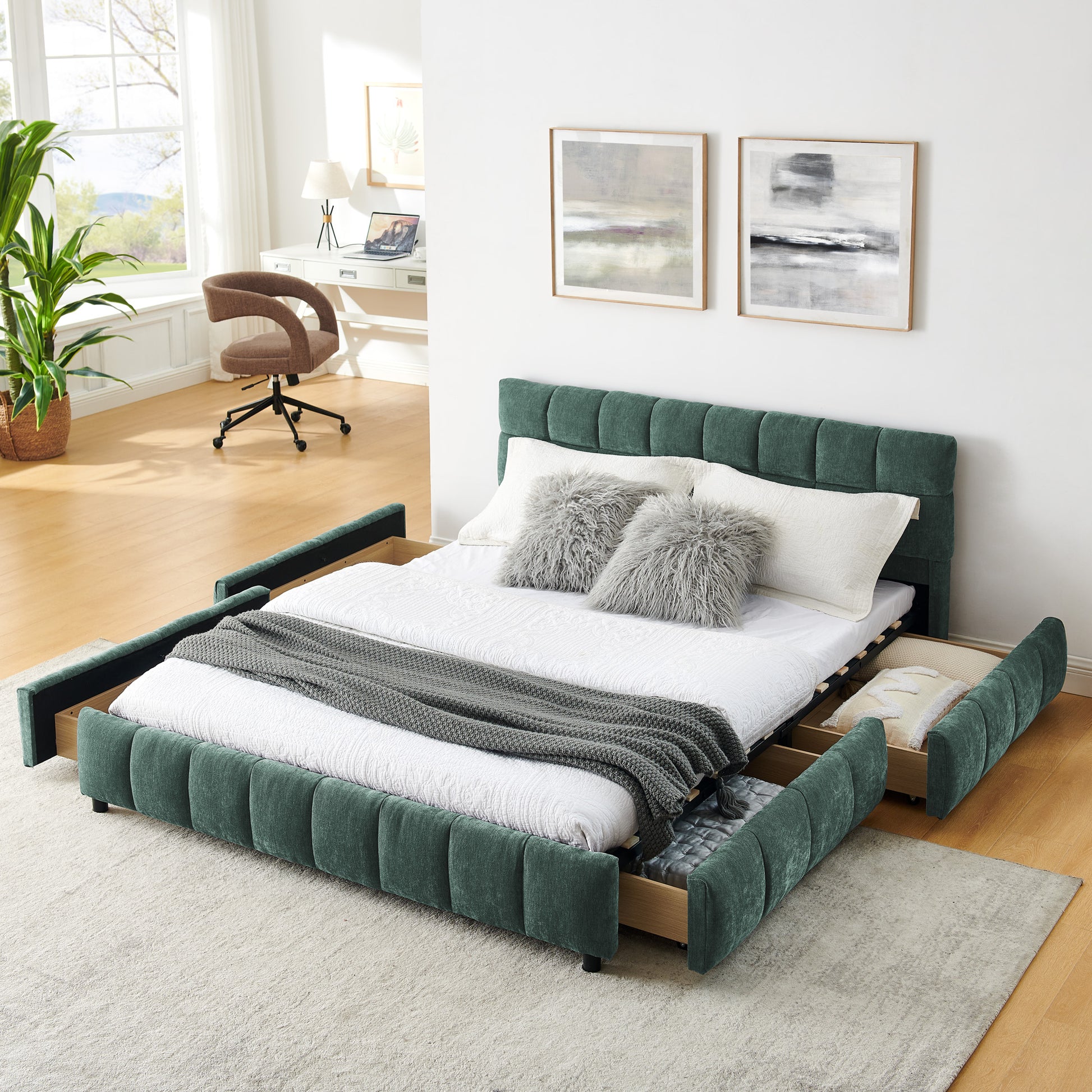 Queen Size Upholstered Bed,comfortable upholstered bed frame, Chenille fabric, with headboard and solid bed frame. With drawer for storage.-green(88.5''*68.5''*31'') image 1