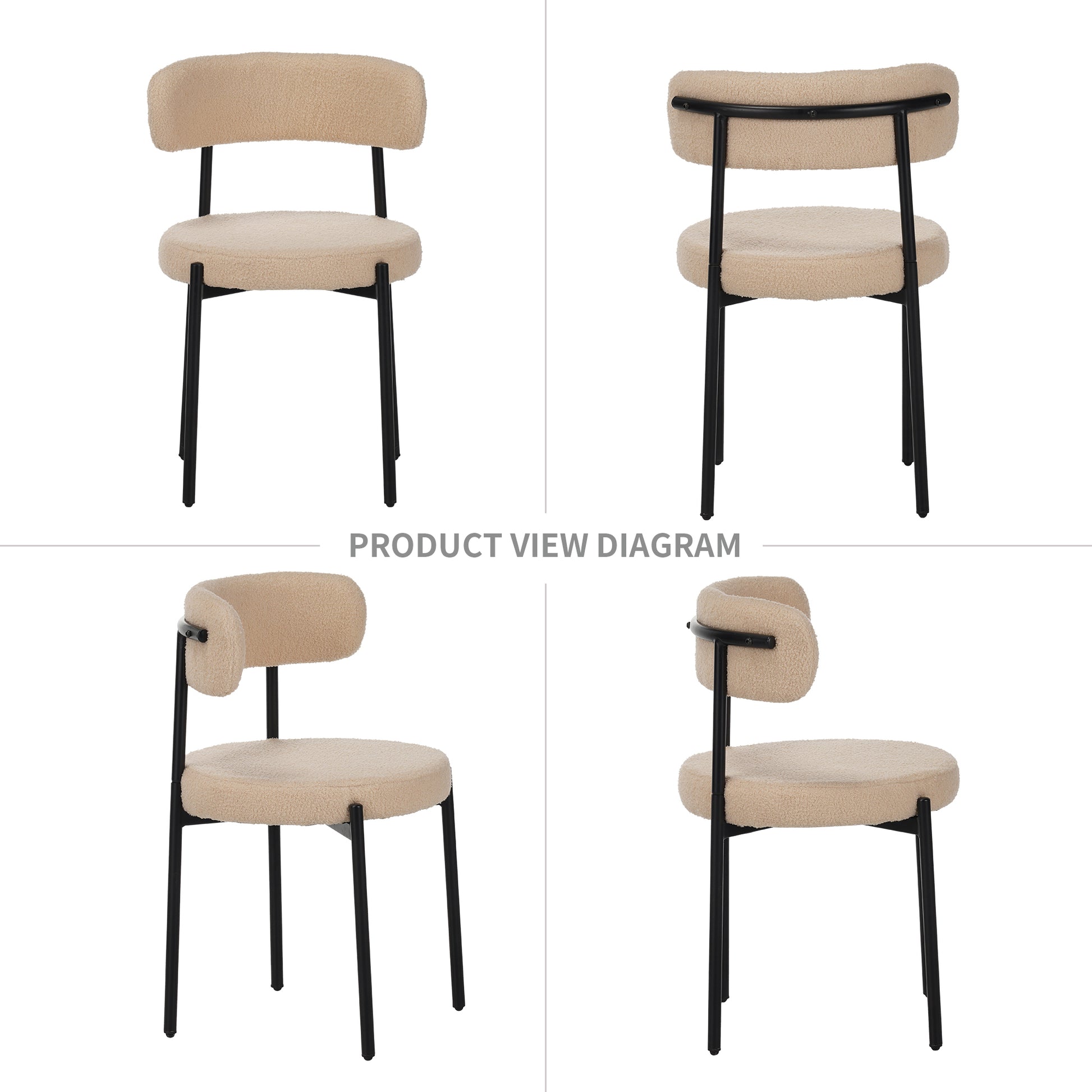 Medieval modern dining chair set, 4 pieces, round seat cushions, black metal legs, curved back kitchen dining chairs, suitable for restaurants and dining rooms, beige image 7