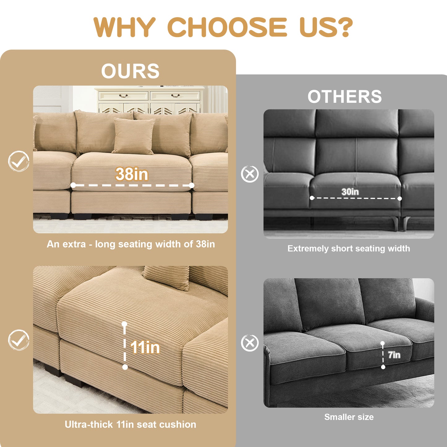 54.3" Oversized Cloud Modular Sectional Couch, Corduroy Fabric Extra-Thick Armrests, Throw Pillows Ottoman, Chaise Lounge Design Ergonomic Design, Easy Assembly Fits Living Rooms Bedrooms,Camel image 9