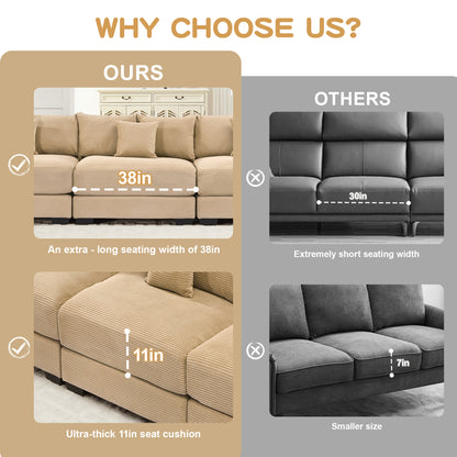 54.3" Oversized Cloud Modular Sectional Couch, Corduroy Fabric Extra-Thick Armrests, Throw Pillows Ottoman, Chaise Lounge Design Ergonomic Design, Easy Assembly Fits Living Rooms Bedrooms,Camel image 9