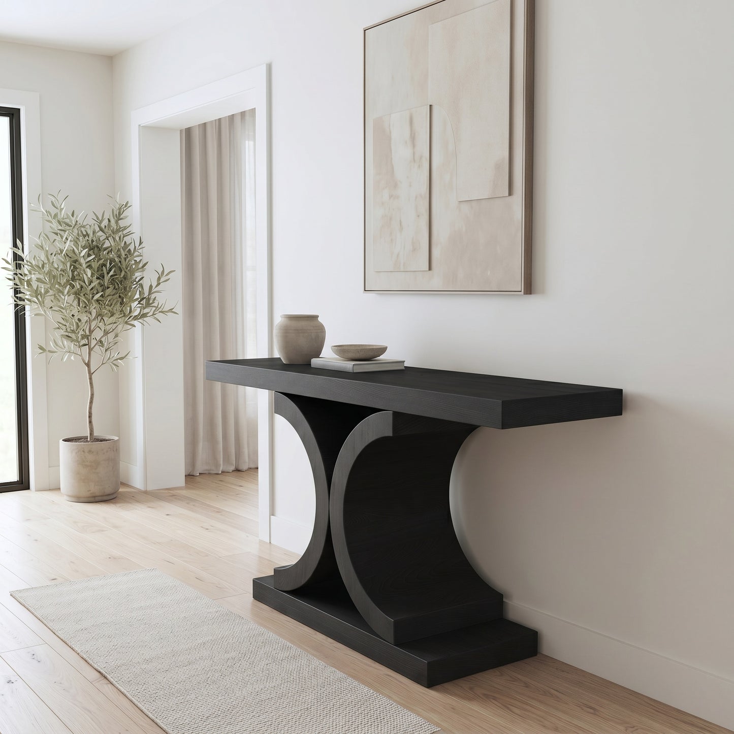 60" Black Console Table, Modern Narrow Sofa Table with Sculptural Curved Base, MDF with Real Wood Veneer Entryway Table, for Living Room, Hallway, Foyer, Black Oak image 4