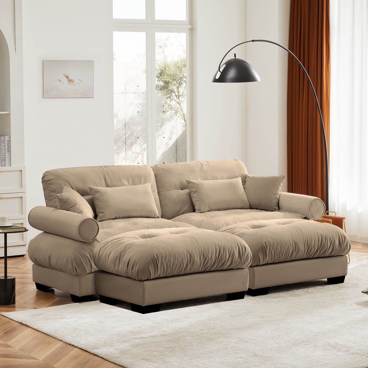 Over Size Modern Two-seater Sofa with Ottoman, Velvet 2-Seater with Round Bolster Armrests,With Waist Pillow and Throw Pillows, Reading Room, Loft and Bedroom,Camel image 2