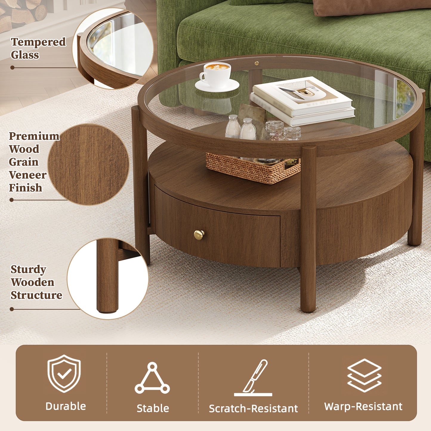 Solid Wood Round Glass Top Coffee Table with Storage Drawer, 2-Tier Mid Century Modern Circular Center Table, Walnut Wooden Cocktail Table for Living Room image 6