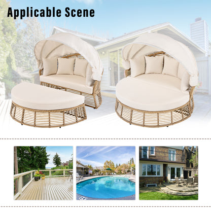 <Old SKU: N704G201243A> Outdoor Patio Rattan Round Daybed with Retractable Canopy, Wicker Furniture Round Poolside Sofa Sunbed with Removable Cushions, Backyard, Porch, Beige image 4