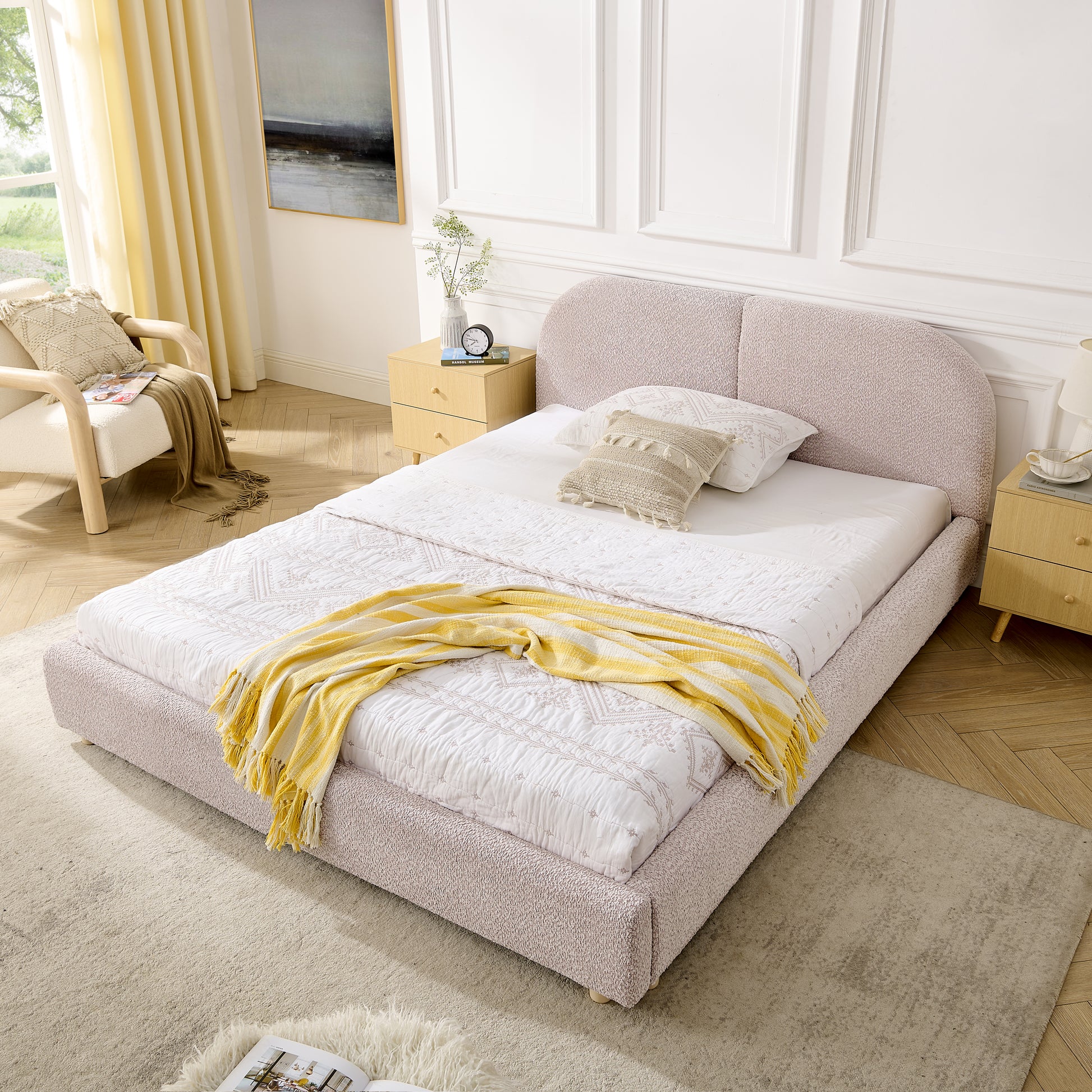 Queen Size Upholstered Bed Frame, Modern Minimalist Style with Tall Curved Headboard, Premium Circle Yarn Fabric & Sturdy Leg Support, Mattress Not Included-Pink image 2