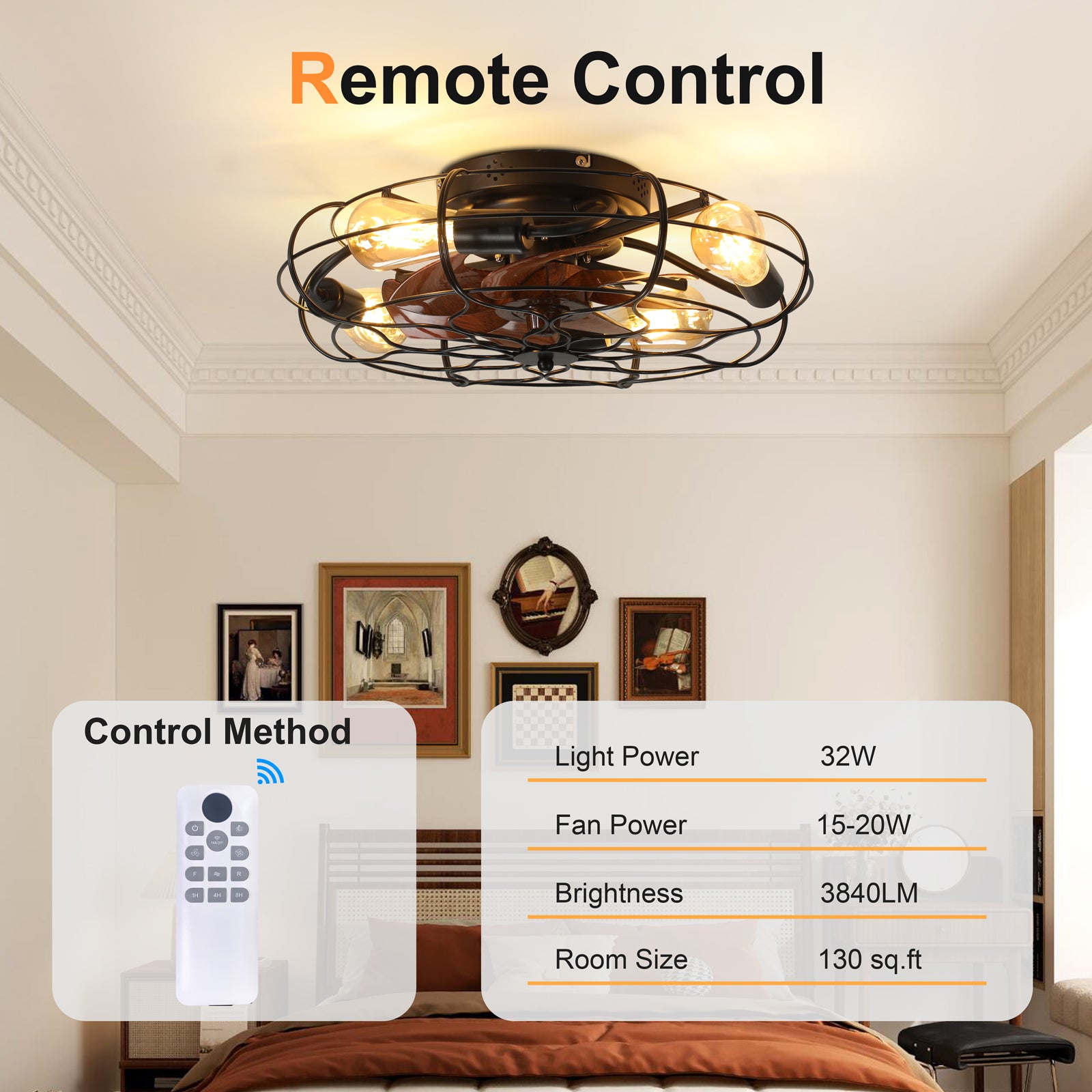 19.7" Industrial Caged Ceiling Fan with Light, 6-Speed Reversible DC Motor, E26 Bulb Base, Remote Control, Timer, Low Noise <30dB, Farmhouse/Industrial Decor for Bedroom/Living Room Kitchen image 7