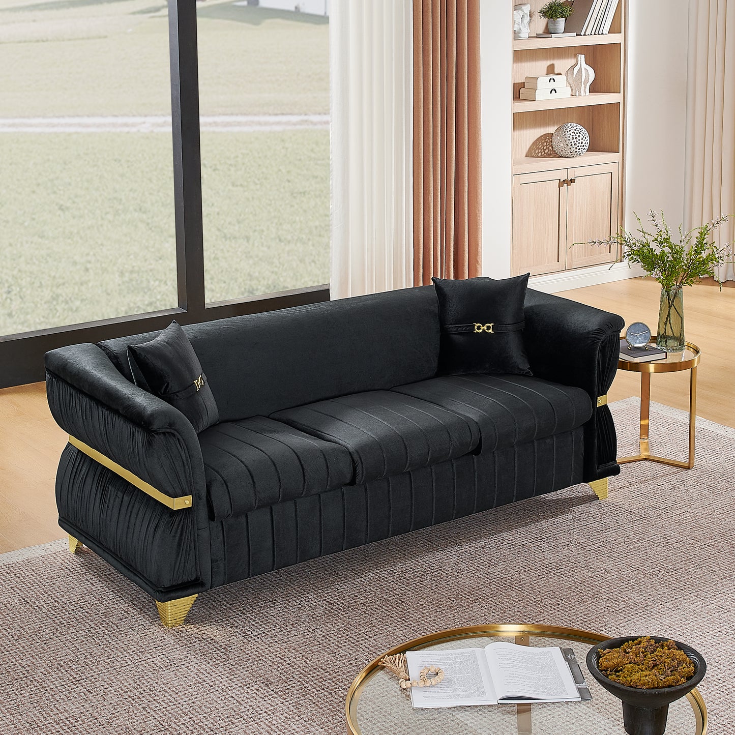 83.5"Modern Velvet 3-Seater Sofa with 2 Pillows, Upholstered Accent Couch with Gold Metal Trim, Tapered Gold-Tone Legs & Curved Armrests for Living Room, Bedroom & Apartment, Black image 1