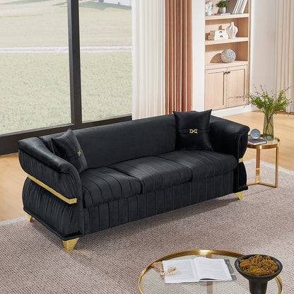 83.5"Modern Velvet 3-Seater Sofa with 2 Pillows, Upholstered Accent Couch with Gold Metal Trim, Tapered Gold-Tone Legs & Curved Armrests for Living Room, Bedroom & Apartment, Black image 1
