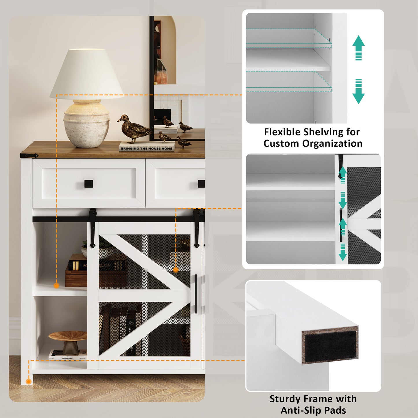 U_Style 55'' Sliding Barn Door Sideboard Buffet Cabinet with 3 Drawers, Adjustable Shelves, Metal Mesh & Particleboard Doors, Aluminum Handles, Industrial Storage for Living or Dining Room image 6