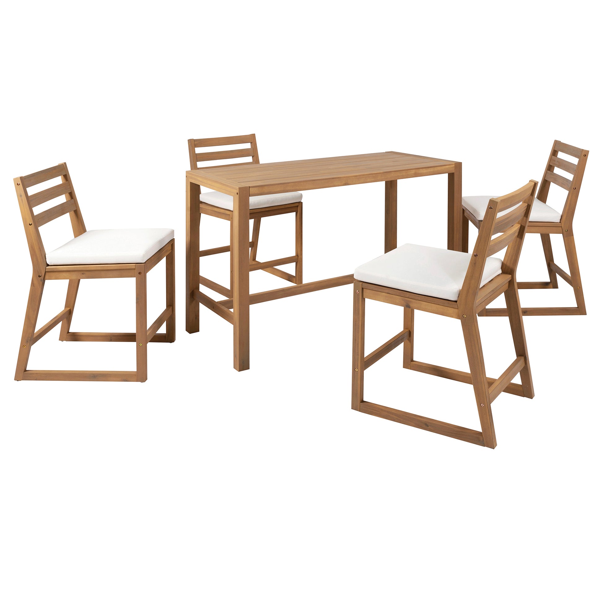 TREXM 5-Piece Rustic Patio Bar Set, Patio Table and Chairs Set with Ergonomic Chairs, Solid Wood Slatted Tabletop for Poolside, Balcony, Backyard, Porch (Light Teak+Beige Cushion) image 3