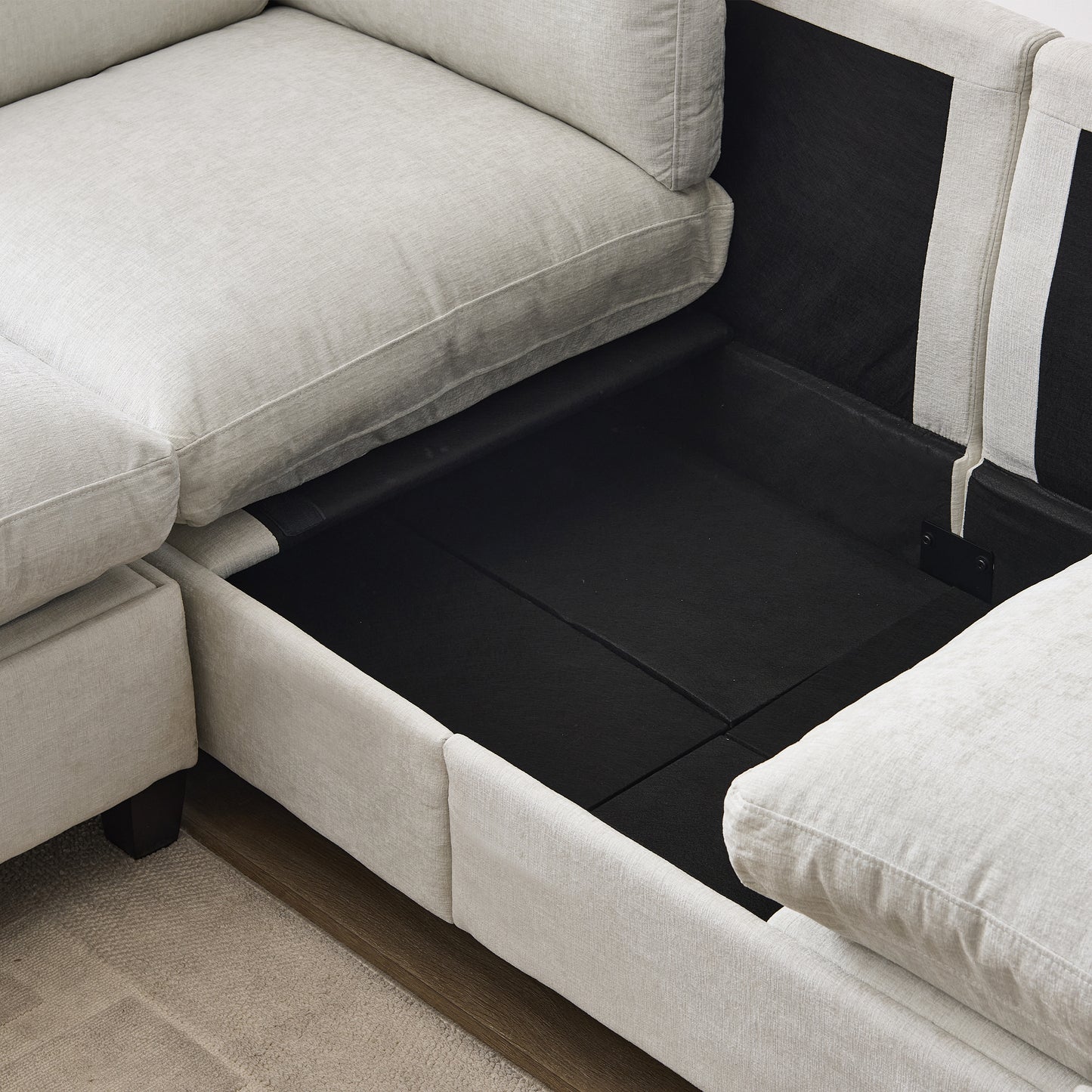96.5" Sectional Couch for Living room, Upholstered Soft Chenille Fabric Sofa with Storage, 3-Seater with Two Ottomans U Shape Sofa Beige image 5