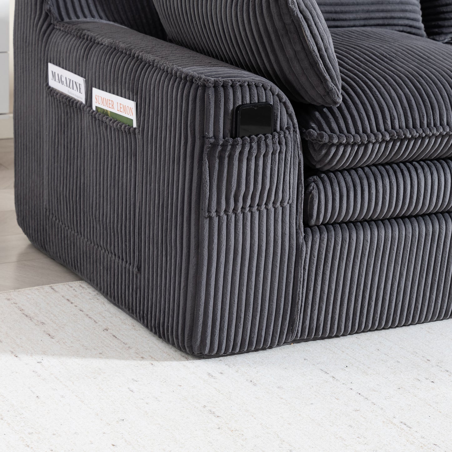 L Shaped Compressed Modular Sectional Sofa Modern Corduroy Upholstered Boneless Couches with Movable Footstool,With Three Pillows and Two Lumbar Pillows,Detachable Cloud Seat Cushions image 10