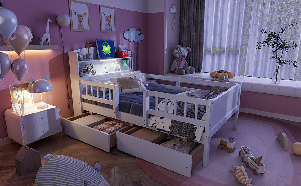 Wood Twin Size Platform Bed with Built-in LED Light, Multi-functional Headboard, Guardrail and 2 Drawers, White image 4
