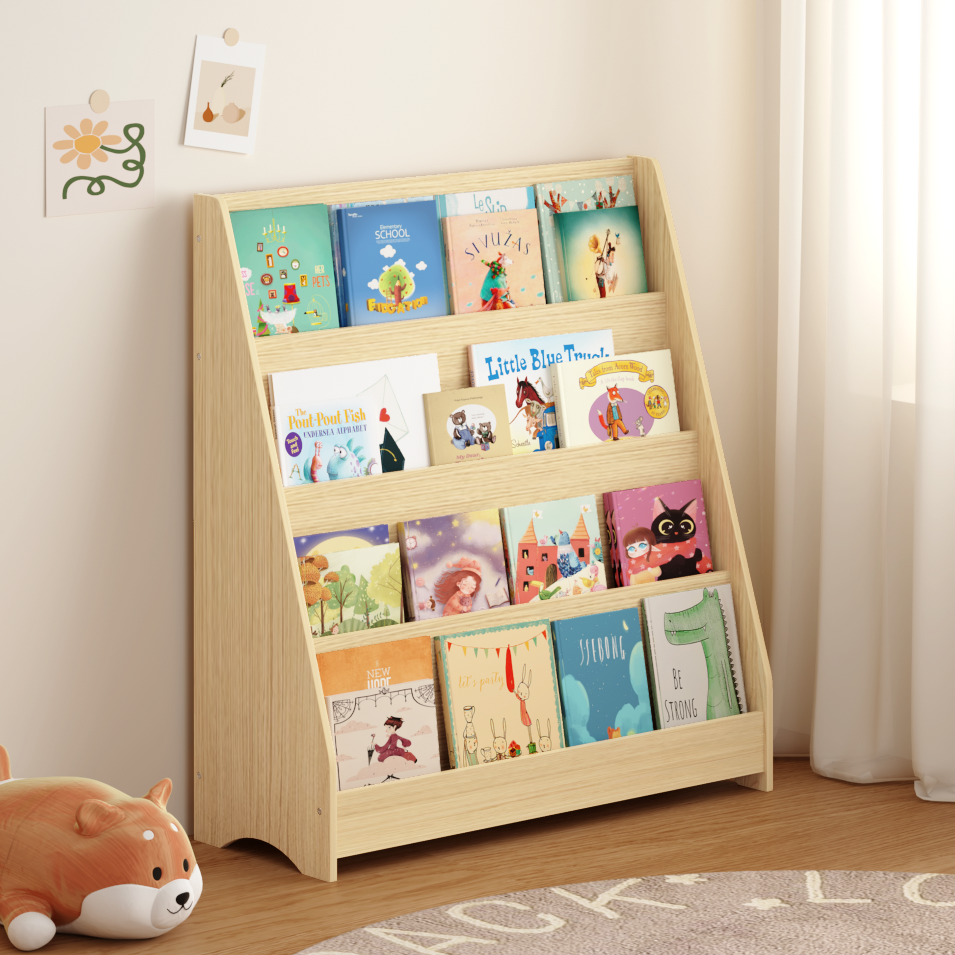 4-Tier Kids Bookshelf, Toddler Book Display Shelves, Helps Keep Bedrooms, Playrooms, and Classrooms Organized,Natural image 1