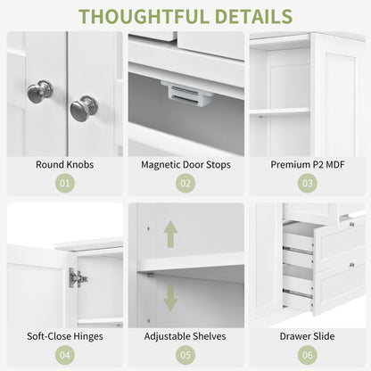 TOPMAX 73.6" Tall Farmhouse Kitchen Pantry Cabinet with 8 Shelves, 2 Drawers, 3 Pull-Out Trays, 4 Doors and Side Cabinets for Kitchen & Dining Room, White image 5