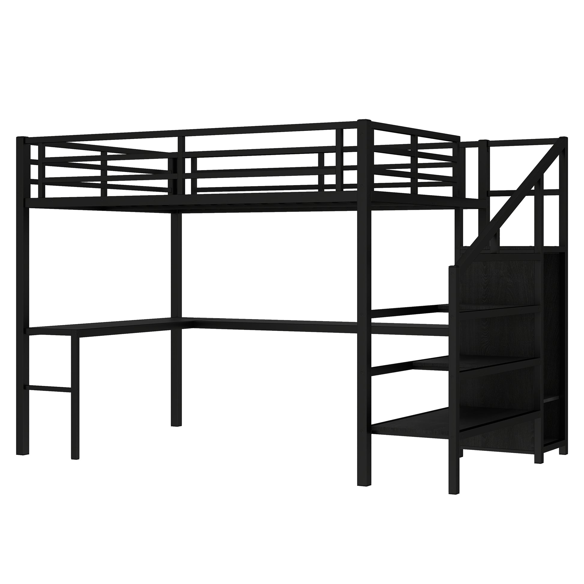 Queen Size Loft Bed with L-shaped Desk and USB, Metal Loft Bed with Wardrobe and Adjustable Shelf, High Loft Bed with LED for Kids Teens Adults, Black image 6