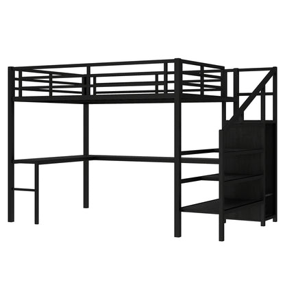 Queen Size Loft Bed with L-shaped Desk and USB, Metal Loft Bed with Wardrobe and Adjustable Shelf, High Loft Bed with LED for Kids Teens Adults, Black image 6