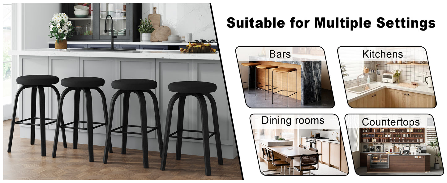 Swivel Bar Stools Set of 2, Bar Height Backless 30″ Bar Stool, Fabric Upholstered Seat, Sturdy Wood Legs and Metal Footrest, Mid-Century Modern Island Stools for Home Bars, Restaurants, All-black image 2