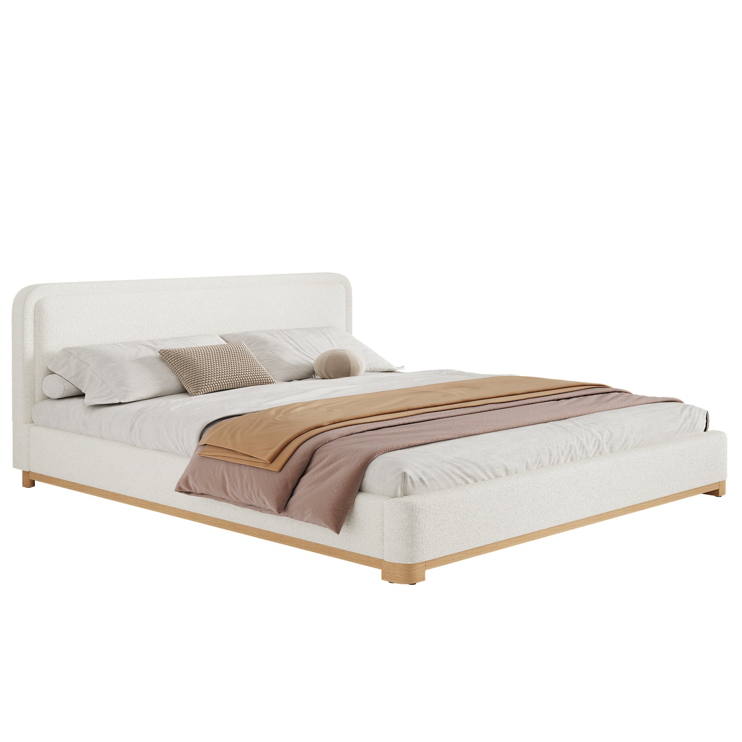 California King Size Bed Frame With Boucle Upholstered Curved Headboard, Solid Wood Base And Legs, White image 6