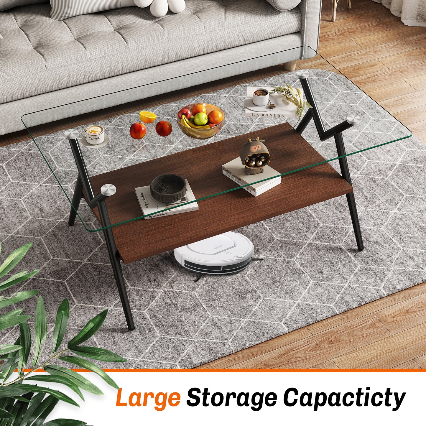 Rectangle Coffee Table with Tempered Glass top and Black Metal Legs, Modern Table for Living Room, Transparent Glass image 2