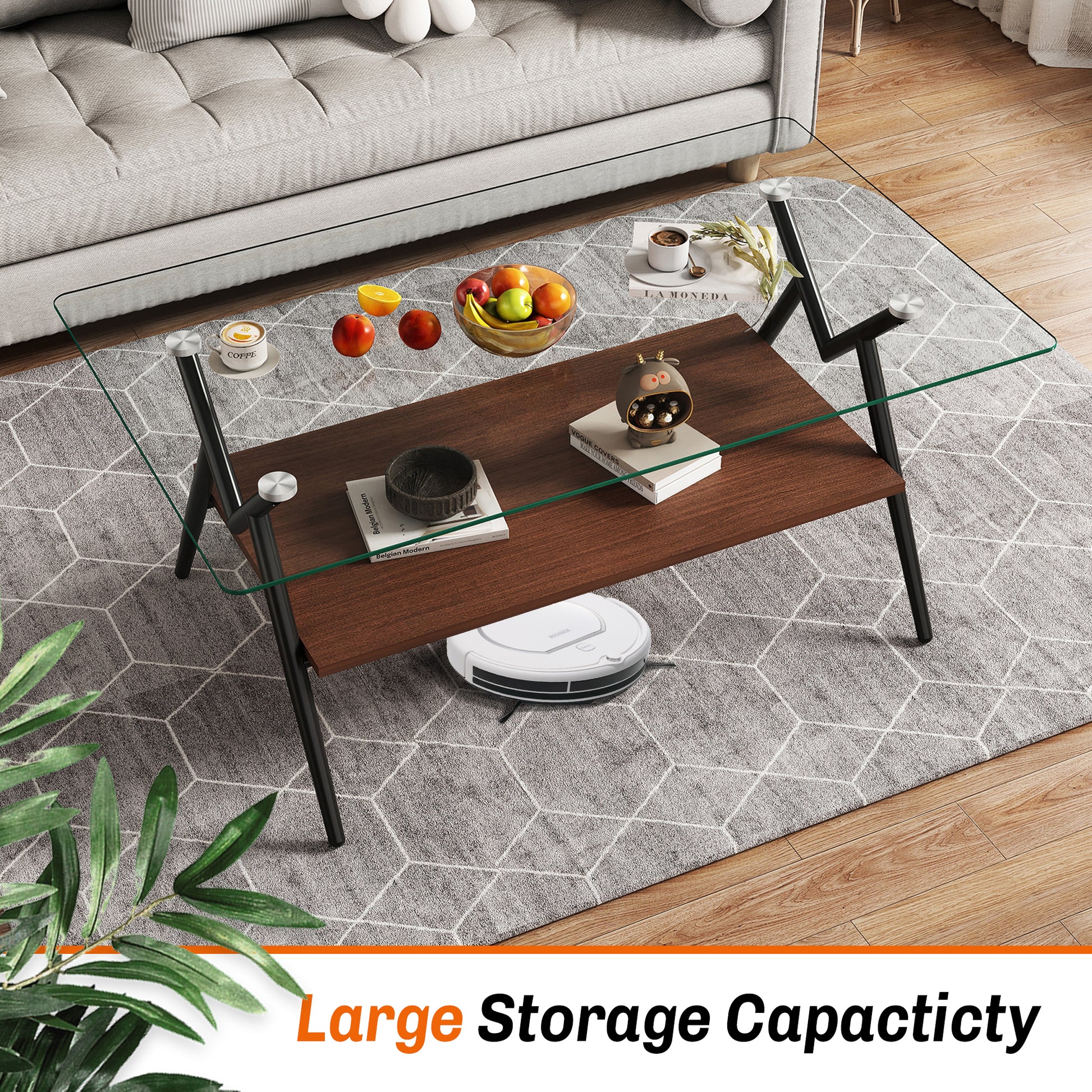 Rectangle Coffee Table with Tempered Glass top and Black Metal Legs, Modern Table for Living Room, Transparent Glass image 2
