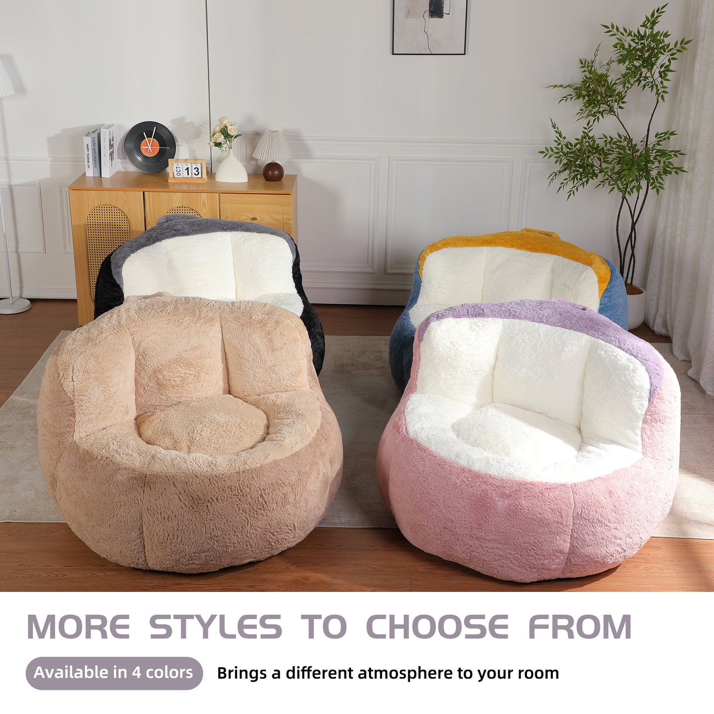 Oversized Bean Bag Chairs,Multicolor Faux Fur Couch Filled with Shredded Sponge,Large Lounger Sofa For Living Room,No Assembly Required, Black+White+Grey image 8