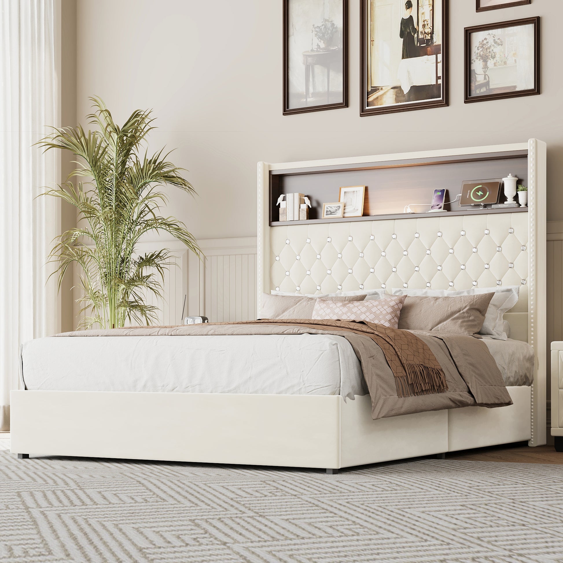 Full Size Velvet Tufted Soft Bed Frame with USB Port and Night Light,52''High Headboard with Rivet Decoration,Wing-back Platform Bed with Headboard Shelf,Beige image 1