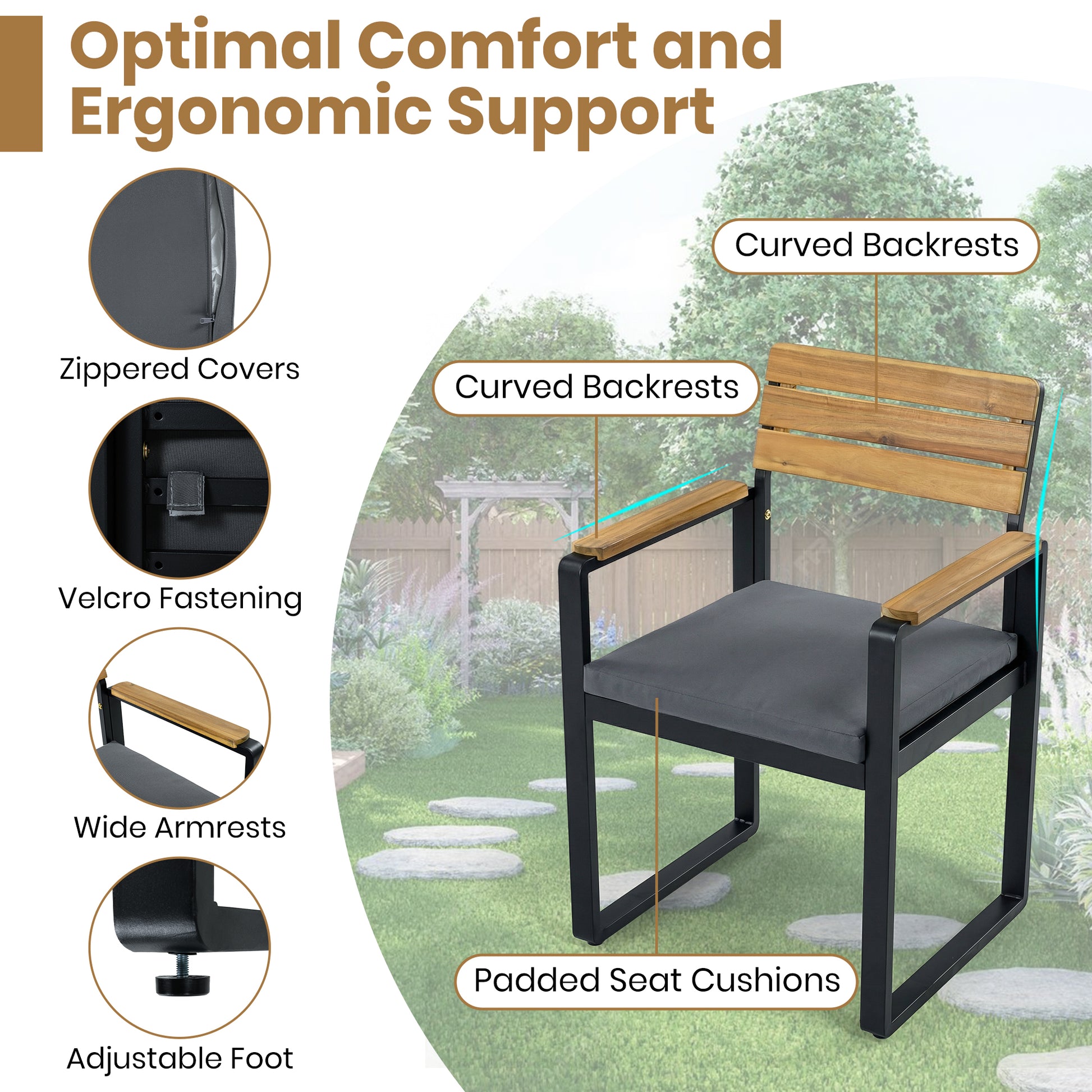 6-Piece Outdoor Dining Set, Acacia Wood, 1 Table with 4 Chairs & 1 Bench for 6-7 Person, Comfortable Cushions on Chairs, Adjustable Feet, for Patio, Garden, Backyard Dining, Gray Cushion image 5