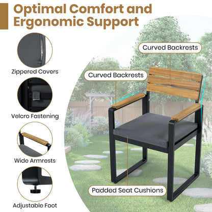 6-Piece Outdoor Dining Set, Acacia Wood, 1 Table with 4 Chairs & 1 Bench for 6-7 Person, Comfortable Cushions on Chairs, Adjustable Feet, for Patio, Garden, Backyard Dining, Gray Cushion image 5