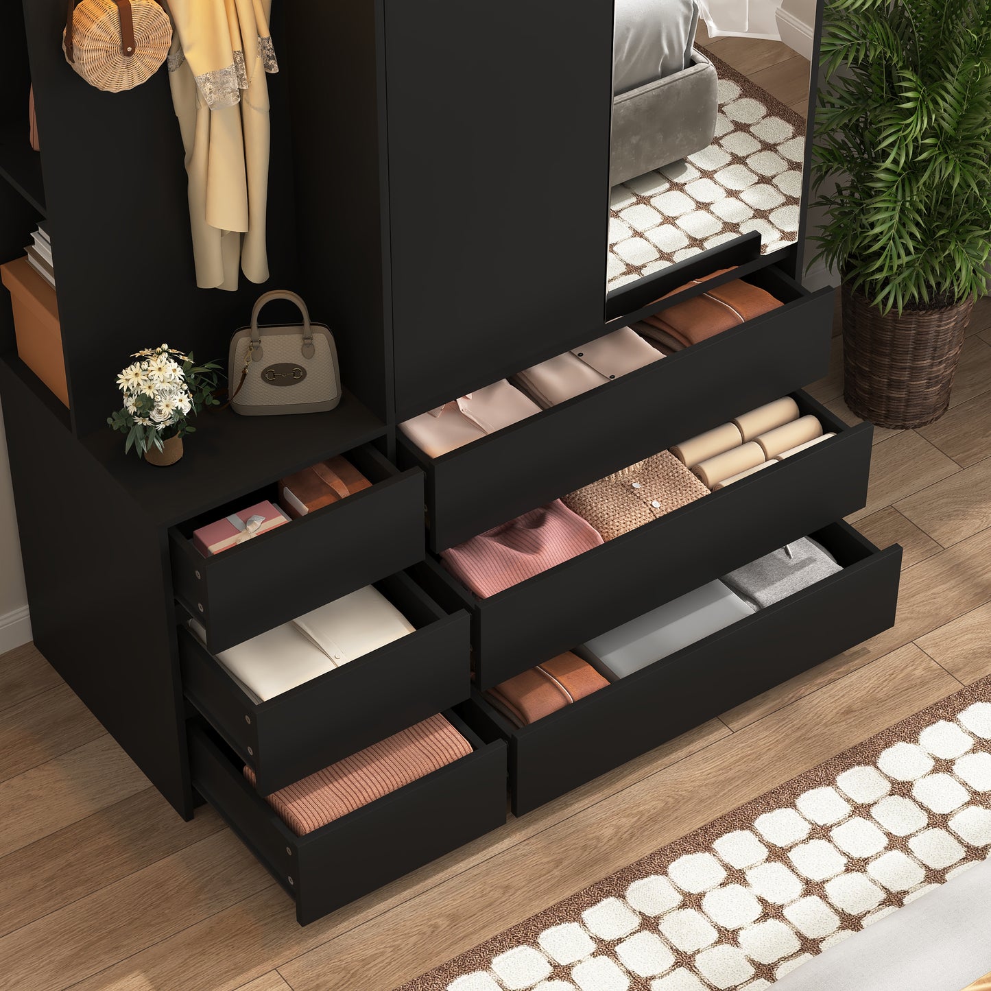 Wardrobe Closet 71.7" H, Bedroom Wooden Wardrobe with 2 Doors 6 Drawers, Modern Clothing Storage Cabinet Combination with Storage Shelves and Hanging Rail, Black image 7