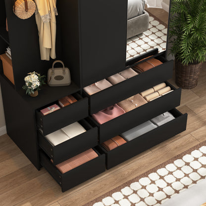 Wardrobe Closet 71.7" H, Bedroom Wooden Wardrobe with 2 Doors 6 Drawers, Modern Clothing Storage Cabinet Combination with Storage Shelves and Hanging Rail, Black image 7