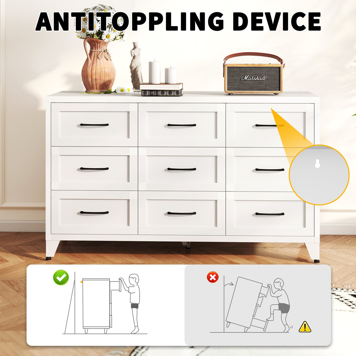 9 Drawer Dresser for Bedroom, Metal Profile Chest of Drawers, White Bedroom Dresser with Storage Drawers for Closet, Hallway, Entryway, Steel Furniture with Quiet-Glide Rails, Easy-Clean & Scratch image 7