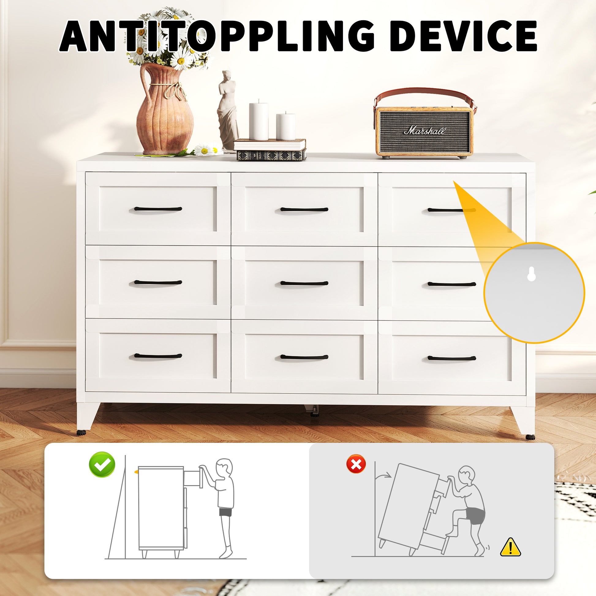 9 Drawer Dresser for Bedroom, Metal Profile Chest of Drawers, White Bedroom Dresser with Storage Drawers for Closet, Hallway, Entryway, Steel Furniture with Quiet-Glide Rails, Easy-Clean & Scratch image 7