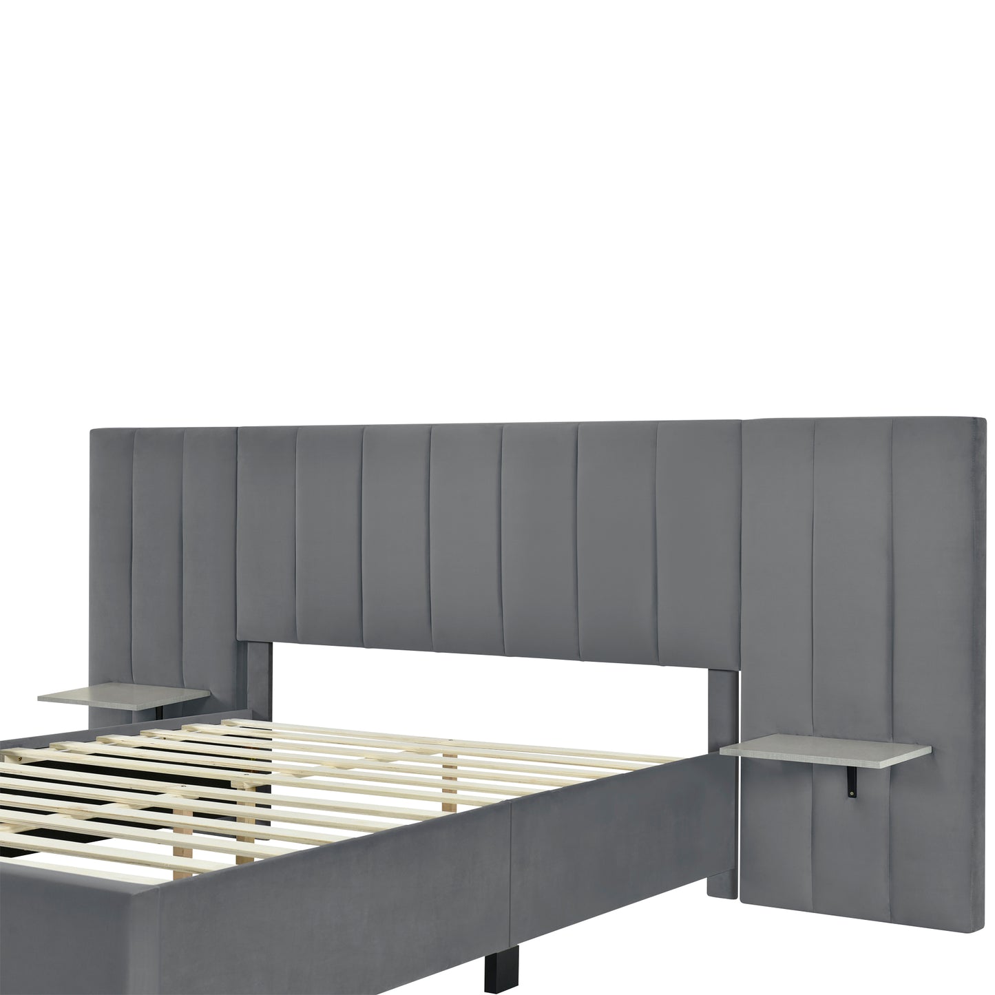 Queen Size Upholstered Platform Bed with Big Headboard, Bedroom Furniture, Velvet, Gray image 9