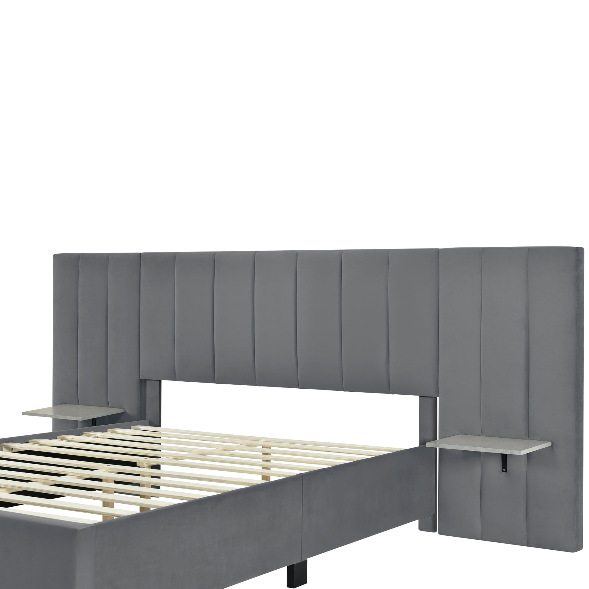 Queen Size Upholstered Platform Bed with Big Headboard, Bedroom Furniture, Velvet, Gray image 9