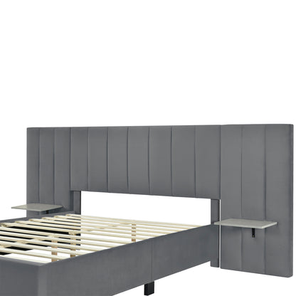 Queen Size Upholstered Platform Bed with Big Headboard, Bedroom Furniture, Velvet, Gray image 9